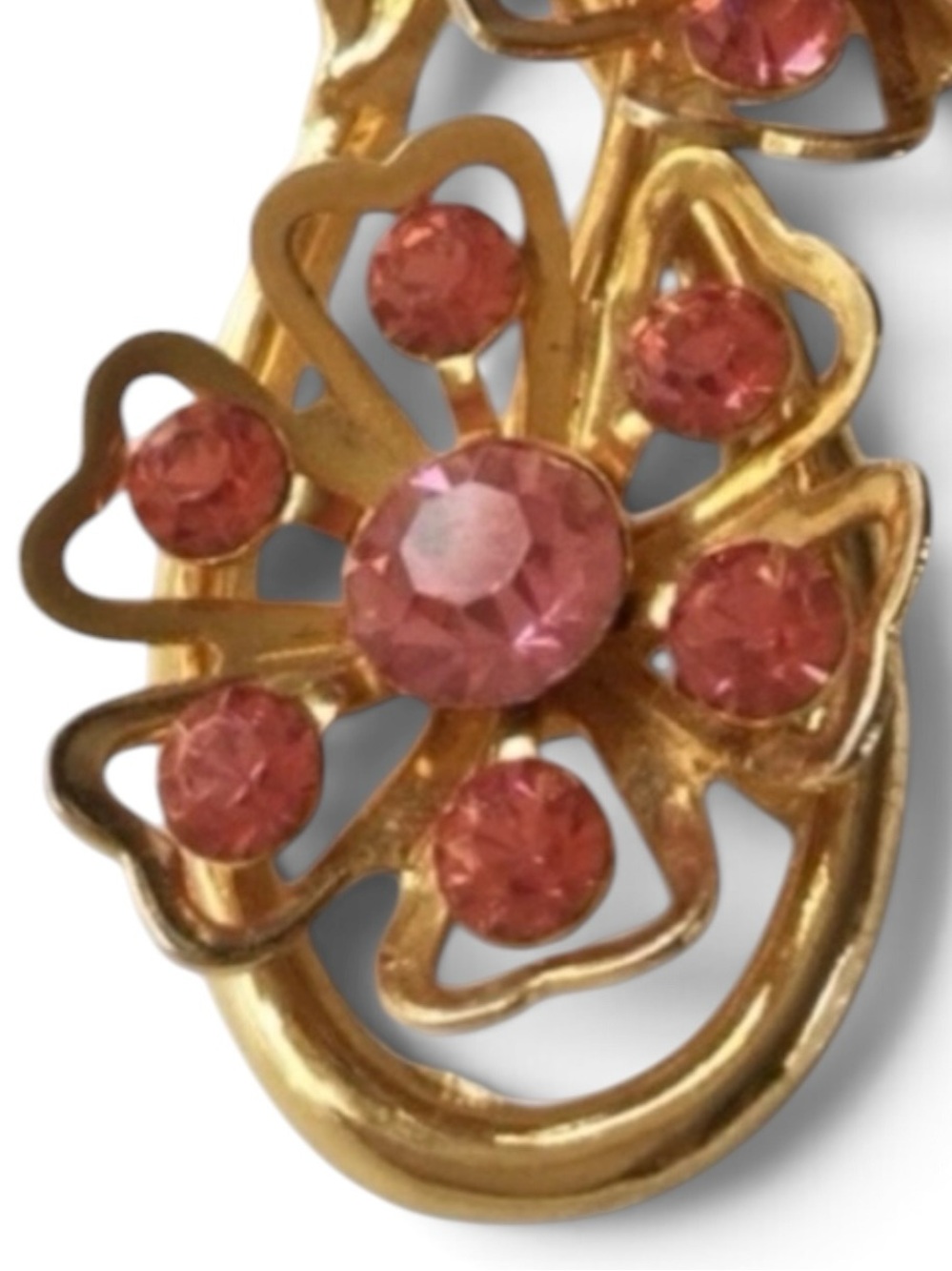 Vintage CORO Double Floral Brooch – 1950s Gold‑Tone, Rare Pink Rhinestones - Picture 9 of 12